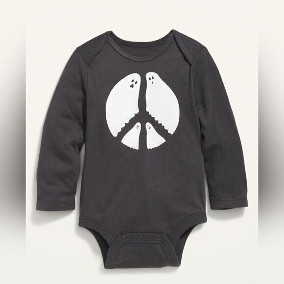 New Unisex Size 6-12M Old Navy‎ Halloween Long-Sleeve Ghost Peace Sign Bodysuit - Picture 1 of 7